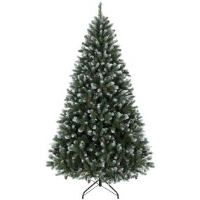 Árbol de Navidad Artificial de 210 cm, Árbol de Navidad Nevado con 1140 Ramas Ignífugas, Ramas Abatibles, 75 Piñas y Base Metálica Plegable, Verde y Blanco