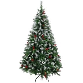 Árbol de Navidad 180 cm, Árbol de Navidad Artificial Nevado con 840 Ramas, Bayas Rojas, Piñas, Base de Acero Plegable, Montaje Rápido, Decoración Navideña para Salón, Interior, Verde
