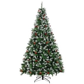 Árbol de Navidad 240 cm, Árbol de Navidad Artificial Nevado con 1773 Ramas, Bayas Rojas, Piñas, Base de Acero Plegable, Montaje Rápido, Decoración Navideña para Salón, Interior, Verde
