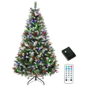 Árbol de Navidad con 250 LED Blanco Cálido y Multicolor, 180 cm, Árbol de Navidad Nevado, 840 Ramas, 11 Modos, 34 Piñas y 34 Racimos de Bayas, Mando a Distancia, Base de Acero Plegable, Verde