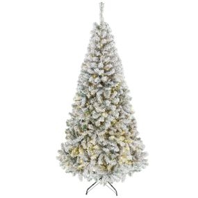 Árbol de Navidad con 240 Luces LED Blanco Cálido, 200 cm, Árbol de Navidad de Abeto Nevado, 850 Ramas Ignífugas Abatibles, Base Metálica Plegable, Verde y Blanco