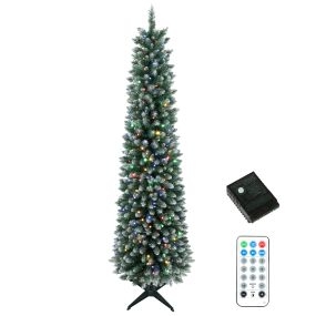 Árbol de Navidad Estrecho con 170 Luces LED Bicolor, 180 cm, Árbol de Navidad de Abeto Nevado, 351 Ramas Ignífugas, 11 Modos, Mando a Distancia, Estructura de Acero, Verde y Blanco