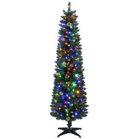 Árbol de Navidad Estrecho con 170 Luces LED Bicolor, 180 cm, Árbol de Navidad de Abeto, 351 Ramas Ignífugas, 11 Modos, 25 Piñas, 25 Bayas Rojas, Mando a Distancia, Estructura de Acero, Verde