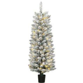 Árbol de Navidad Nevado con 100 Luces LED, 120 cm, Árbol de Navidad, 8 Modos, 180 Ramas, Base Tipo Maceta, Verde y Blanco