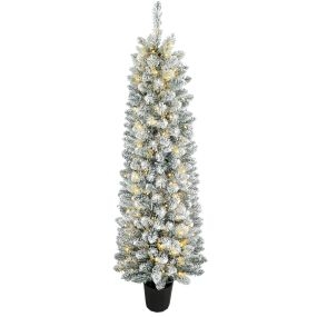 Árbol de Navidad Nevado con 150 Luces LED, 150 cm, Árbol de Navidad, 8 Modos, 250 Ramas, Base Tipo Maceta, Verde y Blanco