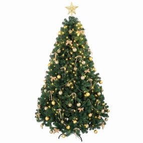 Árbol de Navidad con 296 LED Blanco Cálido, 230 cm, Árbol de Navidad Decorativo, 1405 Ramas Ignífugas, Estrella, 42 Bolas, 30 Lazos y Decoración Dorada, Verde