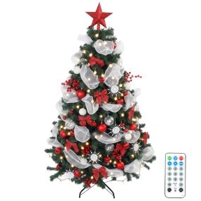 Árbol de Navidad con 200 LED Blanco Cálido 180 cm Árbol de Navidad Predecorado, 800 Ramas Abatibles, 8 Modos, Bolas, Cintas, Lazos, Mando, Base Metálica Plegable, Funciona con USB, Verde y Rojo