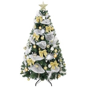 Árbol de Navidad con 200 LED Blanco Cálido, 180 cm, Árbol de Navidad Predecorado, 800 Ramas, 8 Modos, Bolas, Cintas y Lazos, Mando a Distancia, Base Metálica Plegable, Funciona con USB, Verde