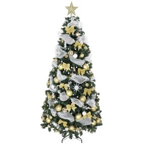 Árbol de Navidad con 250 LED Blanco Cálido, 230 cm, Árbol de Navidad Predecorado, 1136 Ramas, 8 Modos, Bolas, Cintas y Lazos, Mando a Distancia, Base Metálica Plegable, Funciona con USB, Verde