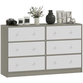 Cómoda de tela con 6 cajones, marco de acero y MDF, blanca y gris