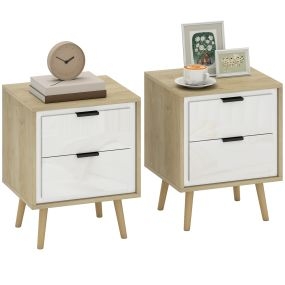 Juego de 2 mesitas de noche modernas con 2 cajones, patas de madera, 40x35x50 cm, blanco brillo y roble