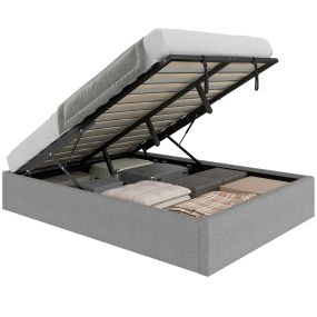 Cama Matrimonial con Almacenamiento Hidráulico, 190x140 cm, Cama Canapé, Estructura de Cama, Somier de Láminas de Madera, Tapizada en Lino, sin Colchón, Fácil Montaje, Gris