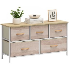 Cómoda con 5 Cajones de Tela, Cómoda para Dormitorio, Marco de Metal, Cajonera para Salón, Oficina, Vestidor, Natural y Blanco