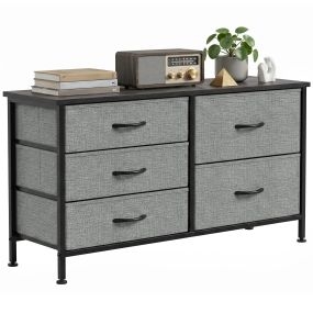Cómoda con 5 Cajones de Tela, Cómoda para Dormitorio, Marco de Acero, Cajonera para Salón, Oficina, Vestidor, Negro y Gris Oscuro