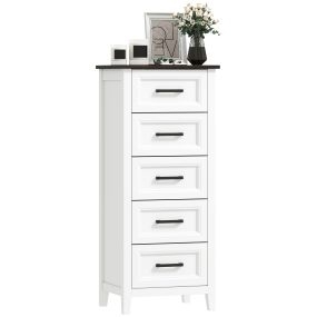Cómoda estrecha y alta de 5 cajones con encimera efecto madera, 45x35x106 cm, blanco