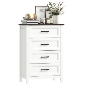 Cómoda estrecha y alta de 4 cajones con encimera efecto madera, 60x35x87 cm, blanco