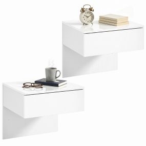 Juego de 2 Mesitas de Noche Flotantes con Cajón, Mesillas de Noche, Montado en la Pared, Diseño Moderno, para Dormitorio, 40x35x36,2 cm, Blanco Brillo