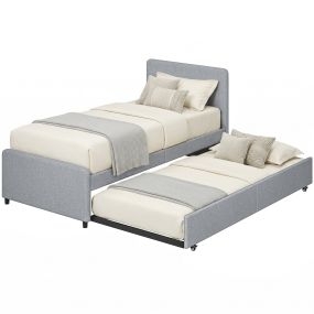 Cama Nido Individual, 90x190 cm, Estructura de Cama Tapizada en Lino con Cabecero y Piecero, Listones de Madera, Sin Colchón, Gris Claro