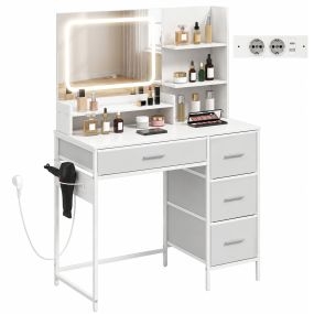 Tocador de maquillaje con espejo LED, estación de carga, 4 cajones, 5 estantes, blanco