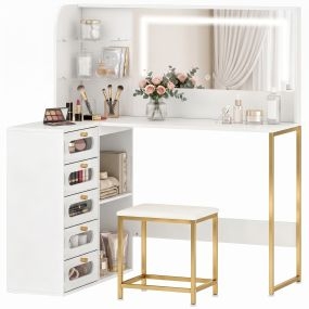 Tocador de maquillaje blanco con espejo y luces LED regulables, taburete, 5 cajones y 2 estantes