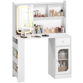 Tocador de Maquillaje, Espejo Deslizante Luces LED 3 Colores y Espejo de Aumento Magnético, Mesa de Maquillaje, Cajón, 4 Compartimentos, Puerta, 3 Estantes Abiertos, Moderno, Dormitorio, Blanco