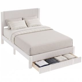Cama Tapizada 140x200 cm con Cabecero Acolchado y Cajón de Almacenaje, Marco de Cama con Láminas de Madera, Asas, Diseño Moderno, Fácil Montaje, Beige