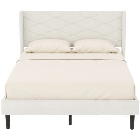 Cama Tapizada 140x200 cm con Cabecero Acolchado con Alas de Terciopelo y Almacenaje Inferior, Marco de Cama Doble con Láminas de Madera, Diseño Moderno, Fácil Montaje, Beige