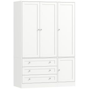 Armario Ropero de 4 Puertas, 3 Cajones, Armario de Dormitorio Alto, Barra para Colgar y Estante Ajustable, 120x50x176,5 cm, Blanco