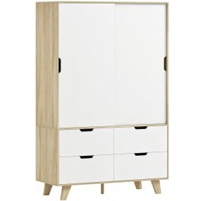 Armario dormitorio moderno con puertas correderas, barra, estantes y 4 cajones 120x50x187,5 cm roble y blanco