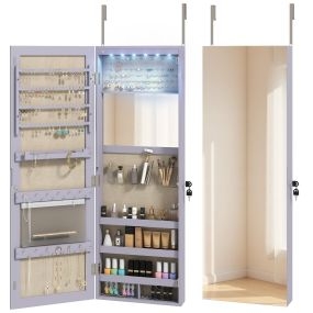 Espejo Joyero de Pared con Luces LED, Armario de Joyas con Espejo Pequeño Plegable, Cerradura, Organizador de Joyas para Colgar en la Pared o en la Puerta, Morado