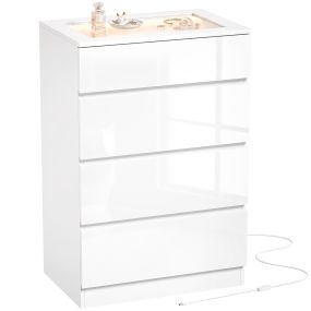 Cómoda con Joyero, Luces LED RGB y 4 Cajones, Cajonera Dormitorio Encimera de Vidrio Templado y Control por App, Sinfonier para Salón, Vestidor, 60x40x90 cm, Blanco Brillo