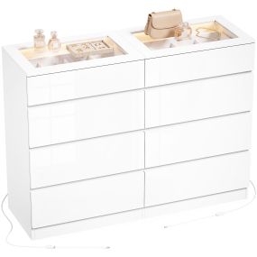 Cómoda con Joyero, Luces LED RGB y 8 Cajones, Cajonera Dormitorio Encimera de Vidrio Templado y Control por App, Sinfonier para Salón, Vestidor, 120x40x80 cm, Blanco Brillo