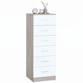 Cómoda de 6 cajones alta y estrecha 40x40x110 cm gris claro y blanco