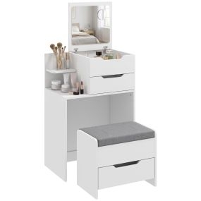 Tocador Pequeño con Espejo Abatible, Taburete con Ruedas, Tocador de Maquillaje, Espejo de Aumento, Taburete Acolchado, 2 Cajones, Estante Abierto, Blanco