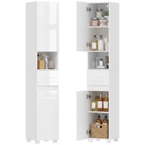 Armario alto de baño estrecho blanco 30x30x170 cm con cajón, compartimento abierto y estantes ajustables