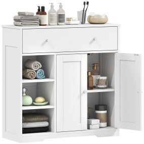 Armario de baño estrecho con cajón, 2 puertas y 3 estantes, 80x30x80,2 cm, blanco veteado