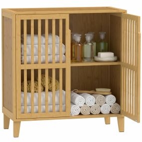 Armario de Baño de Bambú, Mueble Auxiliar de Baño con 2 Puertas Ventiladas y Estante Ajustable, 72x35x78,8 cm, para Cocina, Salón o Despacho, Natural