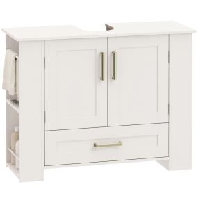 Mueble Bajo Lavabo, Mueble de Baño con Estantes en la Puerta, Portarrollos, Cajón, Compartimentos Abiertos, para Lavabo sin Pedestal, 80x30x62 cm, Blanco