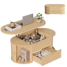 Mesa de Centro Elevable con Almacenaje, Mesa de Café para Salón con Compartimento Oculto, Cajón Frontal Ondulado y Puertas Correderas Tipo Persiana, para Comedor, 100x50x40-55 cm, Roble