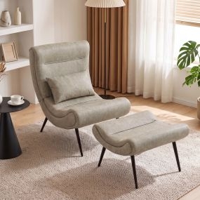 Sillón con Reposapiés Sillón Lectura con Asiento Ancho, Cojín Lumbar y Respaldo Curvo, Tapizado en Leathaire, Patas de Acero Efecto Madera, Butaca para Salón Dormitorio Oficina, Blanco Crema