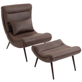 Sillón con Reposapiés Sillón Lectura con Asiento Ancho, Cojín Lumbar y Respaldo Curvo, Tapizado en Leathaire, Patas de Acero Efecto Madera, Butaca para Salón Dormitorio Oficina, Marrón Oscuro