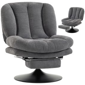 Sillón de Salón con Reposapiés Ajustable y Giratorio 360°, Butaca de Salón Tapizada en Lino, Respaldo Forma Abanico, Acolchado Grueso, Asiento Amplio, para Dormitorio, Estudio, Gris Oscuro