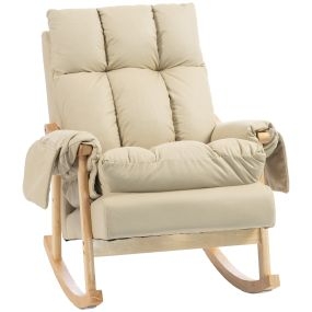 Silla Mecedora, Tapizado de Cuero Sintético, Sillón Mecedora con Bolsillos Laterales, Acolchado Grueso, Patas de Madera, Reposabrazos, Asiento Profundo para Salón, Dormitorio, Beige