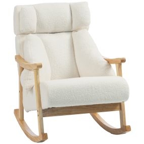 Silla Mecedora con Reposacabezas Ajustable, Sillón Mecedora, Tapizada en Borreguito, Asiento Amplio, Acolchado Grueso, Base de Madera para Salón, Dormitorio, Crema