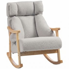 Silla Mecedora con Reposacabezas Ajustable, Sillón Mecedora, Tapizada en Borreguito, Asiento Amplio, Acolchado Grueso, Base de Madera para Salón, Dormitorio, Gris Claro