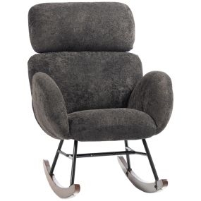 Silla Mecedora, Tapizado de Terciopelo, Sillón Mecedora con Reposacabezas Ajustable, Acolchado Grueso, Patas de Madera, Reposabrazos, Asiento Amplio para Salón, Dormitorio, Gris Oscuro