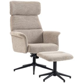 Sillón Relax con Reposapiés, Butaca de Salón Reclinable, Reposacabezas Ajustable, Respaldo Alto, Brazos Abiertos, Giratorio 360°, Asiento con Muelles, Marrón Claro