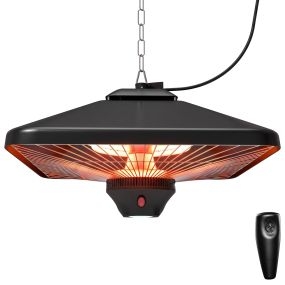 Calefactor Exterior 1000/2000W Estufa Colgante de Techo Infrarrojos Radiante Halógeno con Control Remoto Luz LED para Interior y Exterior 43x43x25 cm Negro
