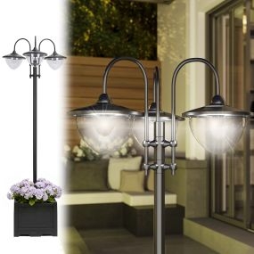 Farol solar de jardín 18 LED blanca fría 6000K IP44 con sensor y base de maceta negro