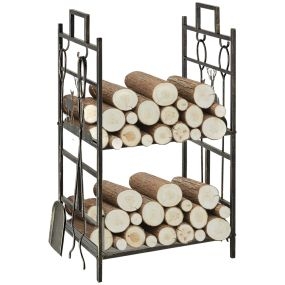 Soporte para leña de metal de 2 niveles con 4 herramientas 51,5x33x77 cm negro dorado
